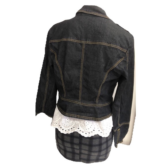 BISOU BISOU DARK GRAY DENIM CROPPED JACKET FRONT ZIPPER SIPPED CUFFS SIZE LARGE - Picture 2 of 7